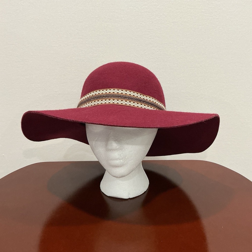 Wide Brim Floppy Hat Women's Burgundy Maroon 100% Wool One Size Bohemian Cottage